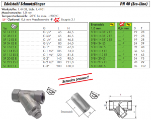 Edelstahl Schmutzfänger, PN 40 (Eco-Line), alle Größen